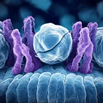 Rappresentazione artistica fotorealistica di una membrana cellulare con recettori transmembrana danneggiati o mal ripiegati a causa dello stress del reticolo endoplasmatico, interrompendo la segnalazione. Lente prime 35mm, profondità di campo, colori duotone blu e viola.