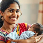 Ritratto fotografico di una giovane madre indiana sorridente che tiene in braccio il suo neonato, entrambi guardano verso l'obiettivo. La madre indossa un sari colorato. Scattato con un obiettivo prime da 50mm, luce naturale soffusa proveniente da una finestra laterale, leggero effetto bokeh sullo sfondo per far risaltare i soggetti, colori vivaci ma naturali. L'immagine evoca speranza e l'importanza delle cure materne.
