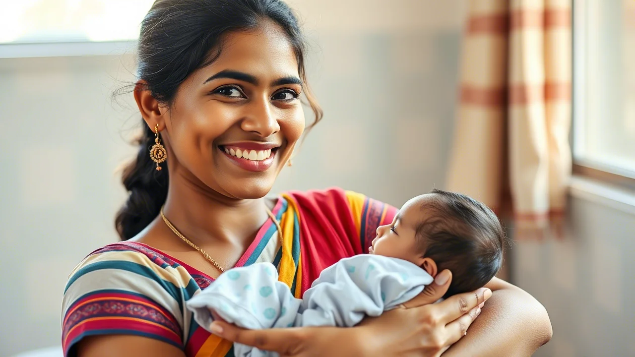 Ritratto fotografico di una giovane madre indiana sorridente che tiene in braccio il suo neonato, entrambi guardano verso l'obiettivo. La madre indossa un sari colorato. Scattato con un obiettivo prime da 50mm, luce naturale soffusa proveniente da una finestra laterale, leggero effetto bokeh sullo sfondo per far risaltare i soggetti, colori vivaci ma naturali. L'immagine evoca speranza e l'importanza delle cure materne.
