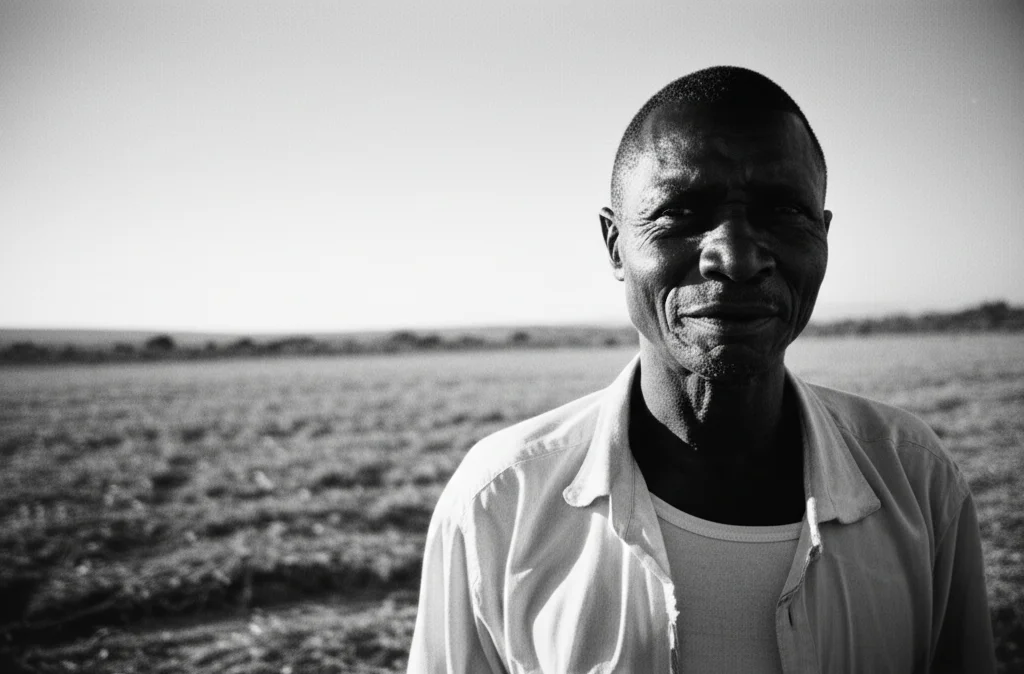 Ritratto intenso di un agricoltore anziano del Ghana settentrionale che guarda verso l'orizzonte tra i suoi campi, luce calda del tardo pomeriggio, obiettivo 50mm, profondità di campo ridotta per sfocare lo sfondo, bianco e nero ad alto contrasto, stile film noir.
