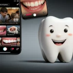 Un collage di schermate di smartphone che mostrano brevi video su TikTok e Douyin relativi alla salute orale dei bambini, con icone di 'mi piace' e commenti. In primo piano, un dente da latte sorridente e sano e uno con un accenno di carie, a simboleggiare il tema della carie precoce. Illuminazione da studio, obiettivo da 50mm per un effetto realistico ma composito.