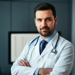 Un medico e un paziente discutono serenamente in uno studio medico moderno e accogliente, simboleggiando la fiducia e la comunicazione nella cura delle MICI. Portrait photography, prime lens, 35mm, depth of field, luce soffusa e naturale.