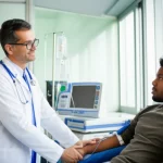 Un medico sorridente di mezza età, con camice bianco, assiste un paziente migrante più giovane durante una seduta di emodialisi in un ambiente ospedaliero moderno e luminoso. Il paziente guarda con speranza fuori da una finestra. Fotografia stile reportage, obiettivo 35mm, luce naturale, colori vividi ma realistici, profondità di campo che mantiene entrambi i soggetti a fuoco.