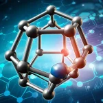 Un'immagine concettuale astratta che rappresenta la funzionalizzazione selettiva di un carborano icosaedrico. Il carborano è al centro, con legami B-H evidenziati e un gruppo funzionale che si lega in modo preciso a un sito specifico, creando un centro chirale. Sfondo high-tech con elementi grafici molecolari, illuminazione drammatica per enfatizzare la tridimensionalità, obiettivo 35mm con profondità di campo.