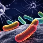 Un'immagine concettuale che mostra batteri intestinali colorati su uno sfondo scuro, con alcuni batteri che sembrano 'infiammati' o alterati, e sullo sfondo sagome stilizzate di neuroni. Macro lens, 60mm, high detail, controlled lighting.