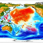 Visualizzazione artistica dell'Oceano Pacifico con correnti calde (El Niño) e fredde (La Niña) che si scontrano, influenzando i modelli meteorologici globali, con un focus sull'India. Lente grandangolare, 18mm, colori vibranti, effetto di lunga esposizione sulle correnti per dare senso di movimento, alta definizione.