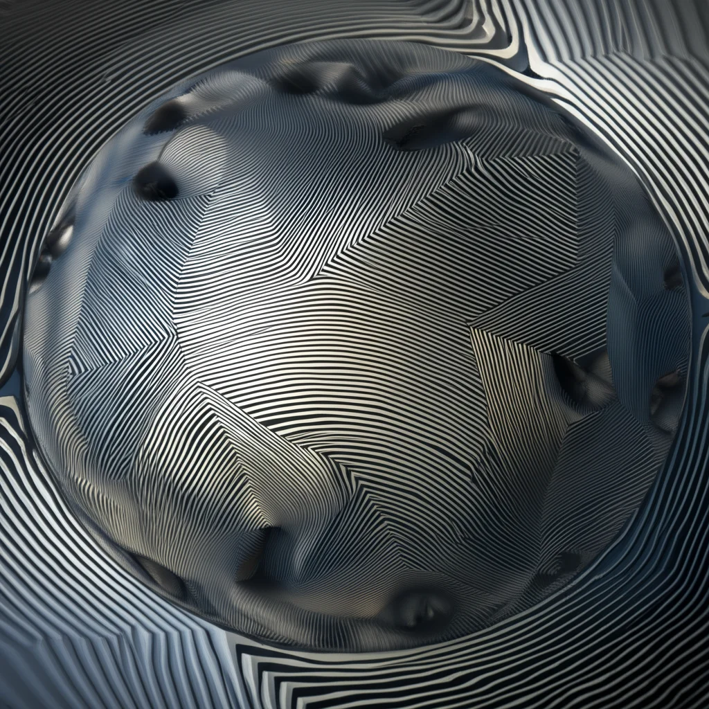 Visualizzazione artistica di una sfera matematica complessa con pattern simmetrici emergenti da un nucleo caotico, illuminata da luce soffusa, obiettivo macro 90mm, alta definizione per catturare la complessità dei dettagli, simboleggiando la soluzione di equazioni p-Laplaciane degeneri con dati simmetrici.