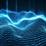 Visualizzazione astratta di onde sismiche digitali che si intersecano, con linee di codice Fortran sovrapposte in un bagliore high-tech. L'immagine suggerisce l'analisi di grandi quantità di dati. Obiettivo prime 35mm, profondità di campo, duotone blu e ciano.