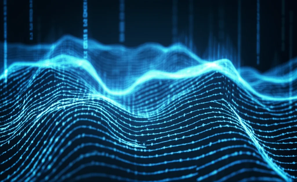 Visualizzazione astratta di onde sismiche digitali che si intersecano, con linee di codice Fortran sovrapposte in un bagliore high-tech. L'immagine suggerisce l'analisi di grandi quantità di dati. Obiettivo prime 35mm, profondità di campo, duotone blu e ciano.