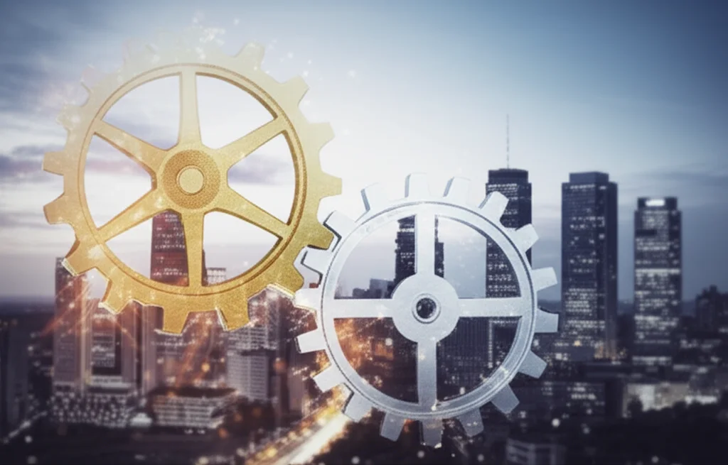 Wide-angle. Un'immagine concettuale che mostra due sistemi di ingranaggi interconnessi, uno dorato e lucido che rappresenta la finanza islamica, e uno argentato più grande e complesso che rappresenta la finanza convenzionale, con alcune scintille che emanano da quest'ultimo, il tutto su uno sfondo di skyline cittadino moderno al tramonto, lunga esposizione, 10mm, focus nitido.