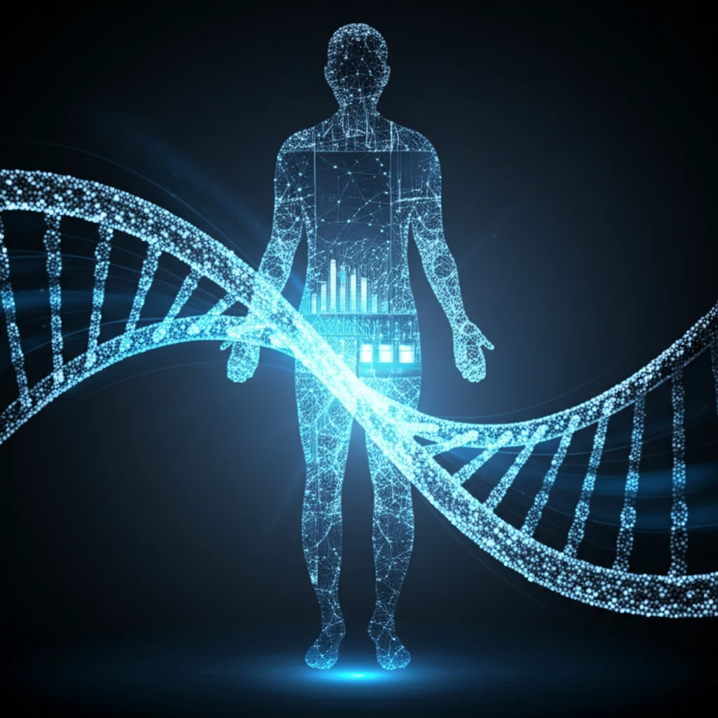Concetto astratto del Passaporto Biologico del Paziente: una silhouette umana stilizzata formata da punti dati luminosi sovrapposta a grafici di andamenti di laboratorio e una doppia elica di DNA digitale, illuminazione high-tech, obiettivo 50mm, colori blu ciano e argento duotone su sfondo scuro.