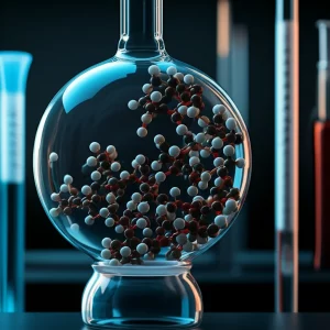 Immagine concettuale di una reazione chimica multicomponente in un pallone da laboratorio, con molecole spiroossindoliche stilizzate che si formano. Illuminazione drammatica, controlled lighting, macro lens, 60mm, high detail, a simboleggiare l'innovazione nella sintesi organica.