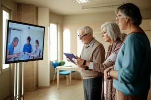 Immagine fotorealistica di un gruppo eterogeneo di anziani che interagiscono con diverse tecnologie sanitarie digitali (wearable, tablet con app, exergame su schermo) in un ambiente comunitario luminoso e accogliente. Obiettivo grandangolare 24mm per includere il contesto, luce naturale che entra da ampie finestre, espressioni di curiosità, coinvolgimento e supporto reciproco. Stile documentaristico, colori vividi ma naturali.