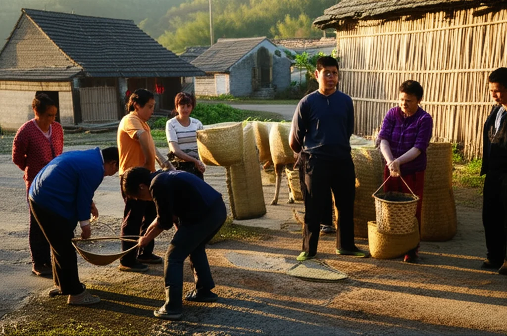 Immagine fotorealistica di una comunità rurale cinese impegnata in attività imprenditoriali collaborative, con persone che si scambiano informazioni e risorse, simboleggiando il potere delle reti sociali. Scatto con obiettivo prime da 50mm, luce calda del tardo pomeriggio, profondità di campo che evidenzia l'interazione umana, atmosfera positiva e dinamica.