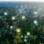 Immagine satellitare fotorealistica dell'Amazzonia che mostra vaste aree verdi interrotte da zone bruciate fumanti, con sovrapposizioni grafiche astratte luminose che simboleggiano l'analisi dati e la modellazione ensemble, obiettivo grandangolare 20mm, luce drammatica dell'alba, alta definizione, focus nitido sull'intera scena.