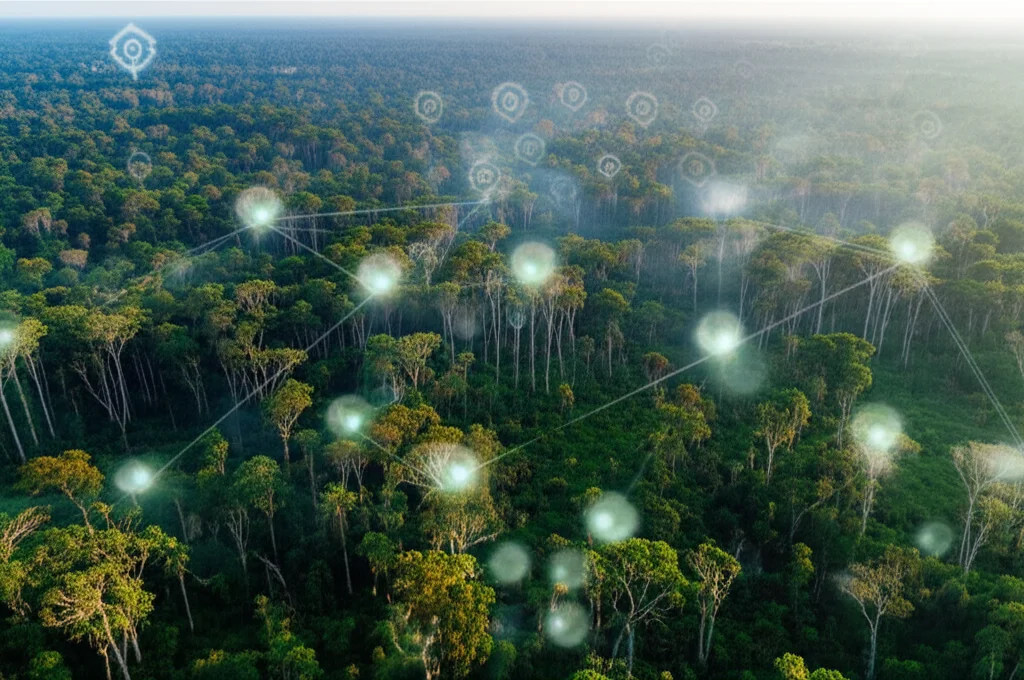 Immagine satellitare fotorealistica dell'Amazzonia che mostra vaste aree verdi interrotte da zone bruciate fumanti, con sovrapposizioni grafiche astratte luminose che simboleggiano l'analisi dati e la modellazione ensemble, obiettivo grandangolare 20mm, luce drammatica dell'alba, alta definizione, focus nitido sull'intera scena.