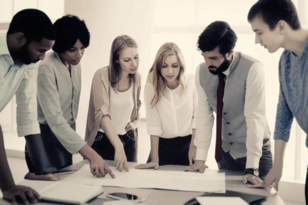 Portrait photography, a diverse group of people looking at a shared blueprint or plan with expressions of collaboration and understanding, 35mm lens, depth of field, warm and inviting duotones (e.g., sepia and soft blue).