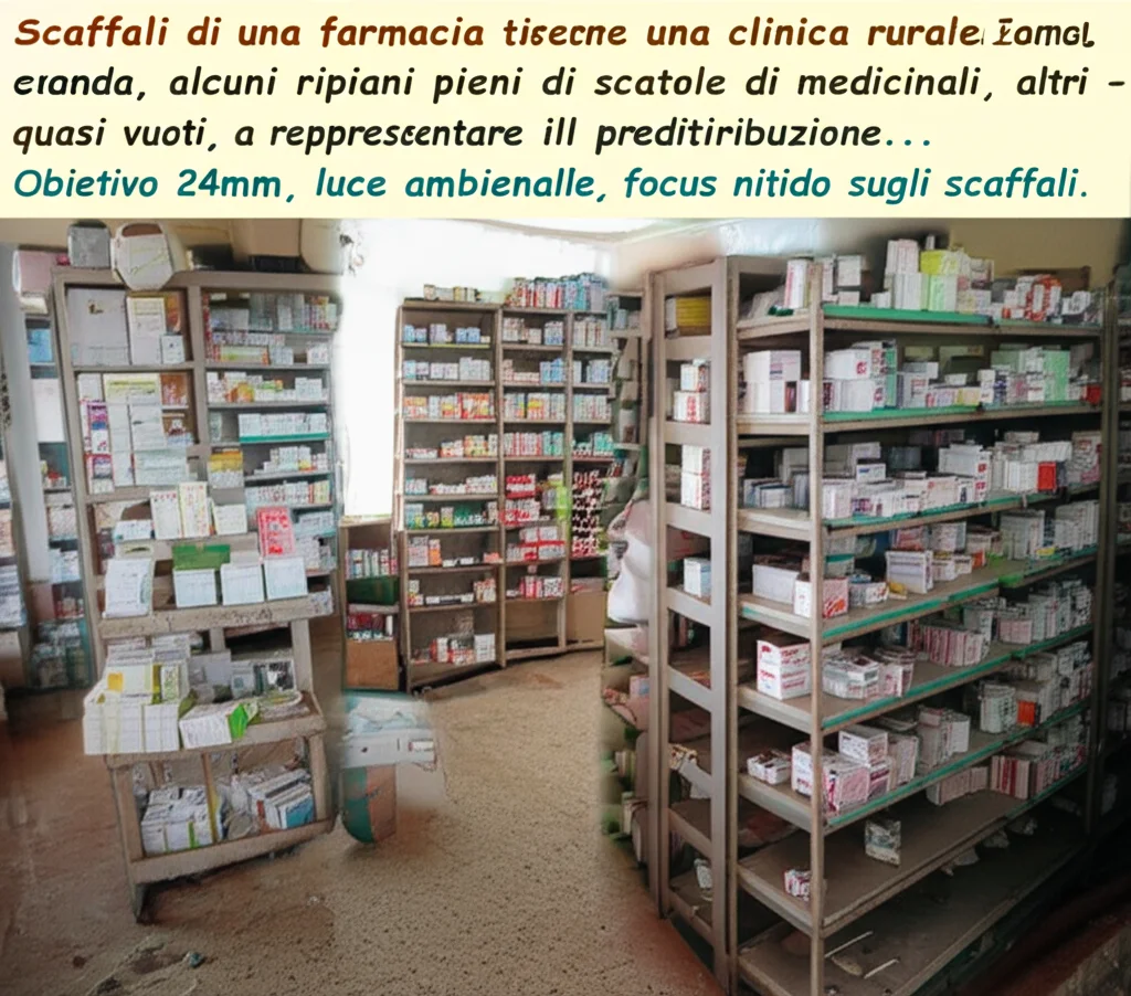 Scaffali di una farmacia in una clinica rurale in Uganda, alcuni ripiani pieni di scatole di medicinali, altri quasi vuoti, a rappresentare il problema della redistribuzione. Obiettivo 24mm, luce ambientale, focus nitido sugli scaffali.