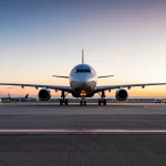 Un aereo di linea moderno che rulla su una pista di aeroporto al tramonto, con veicoli di servizio visibili in lontananza, che operano in modo coordinato e senza conflitti grazie a una strategia di controllo. L'immagine trasmette un senso di efficienza e sicurezza avanzata. Wide-angle lens, 18mm, long exposure times per scie luminose soffuse dei veicoli in movimento, sharp focus sull'aereo, cielo con colori caldi del tramonto.