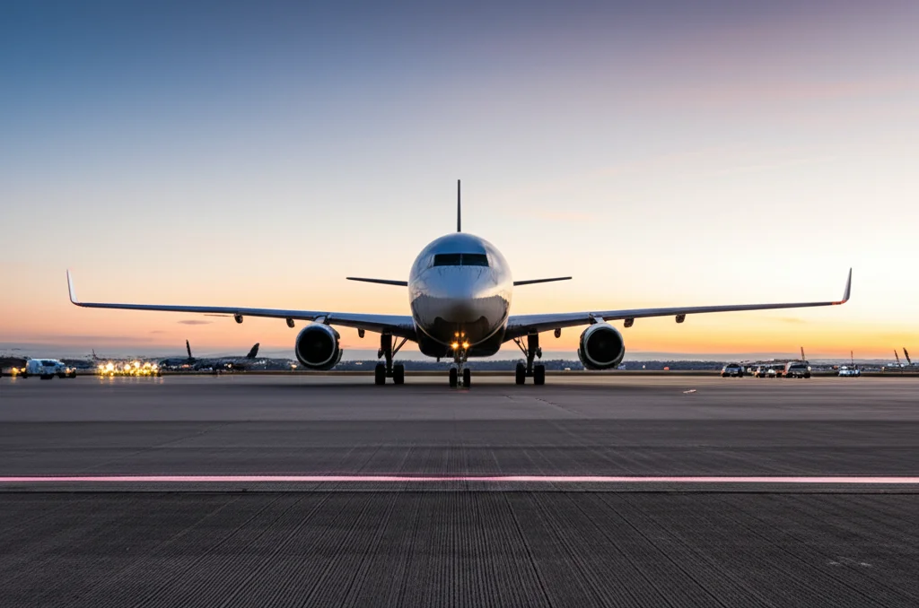 Un aereo di linea moderno che rulla su una pista di aeroporto al tramonto, con veicoli di servizio visibili in lontananza, che operano in modo coordinato e senza conflitti grazie a una strategia di controllo. L'immagine trasmette un senso di efficienza e sicurezza avanzata. Wide-angle lens, 18mm, long exposure times per scie luminose soffuse dei veicoli in movimento, sharp focus sull'aereo, cielo con colori caldi del tramonto.