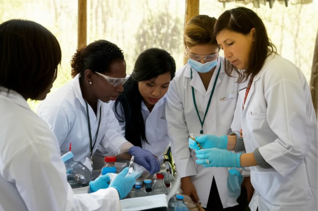 Un gruppo eterogeneo di scienziati e operatori, uomini e donne, collabora attivamente in un contesto di ricerca sul controllo vettoriale in Africa. Fotografia di reportage, obiettivo da 50mm, luce naturale filtrata, che cattura l'interazione e la diversità del team. Toni neutri con accenti di colore vivace dalle attrezzature.