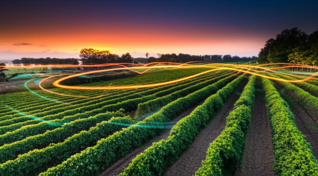 Un paesaggio vibrante che mostra un ecosistema diversificato con piante e animali di varie età, con linee luminose astratte che simboleggiano la diffusione e la stabilizzazione della popolazione nel tempo. Wide-angle lens, 15mm, long exposure, sharp focus, colori naturali intensi, cielo al tramonto.
