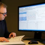 Un ricercatore osserva con una lente d'ingrandimento un antico registro manoscritto contenente dati climatici tabulari, mentre su un moderno schermo di computer accanto sono visualizzati grafici e analisi di tali dati. Illuminazione da studio, obiettivo prime 35mm, profondità di campo che mette a fuoco il manoscritto e il volto concentrato del ricercatore.