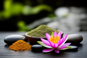 Una composizione artistica che simboleggia le medicine complementari: foglie di tè verde, una ciotola di ceramica con polvere di curcuma, pietre per la cristalloterapia e un fiore di loto, il tutto su uno sfondo naturale che evoca le Hawaii. Macro lens, 100mm, high detail, precise focusing, controlled lighting, atmosfera serena.