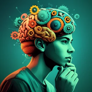 Un'immagine concettuale che rappresenta l'apprendimento per inversione e la flessibilità cognitiva nell'adolescenza. Potrebbe essere un cervello stilizzato con ingranaggi colorati che ruotano fluidamente, simboleggiando l'adattamento, affiancato da un giovane adolescente che osserva pensieroso un puzzle luminoso che cambia configurazione. Utilizzare un obiettivo da 35mm con profondità di campo per mettere a fuoco l'adolescente e il cervello. Tonalità duotone, ad esempio verde acqua e arancione, per un look moderno e accattivante.