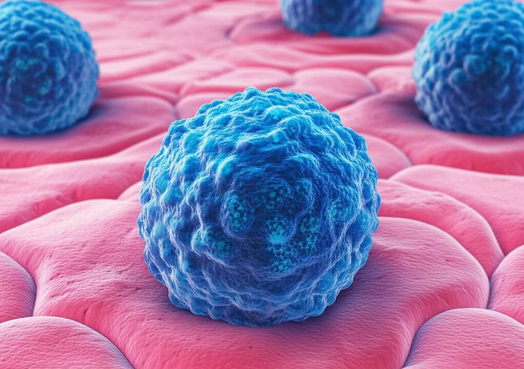 Visualizzazione artistica di cellule di carcinoma papillare tiroideo (blu) che infiltrano il tessuto mammario (rosa), immagine macro con lente da 60mm, alto dettaglio, schema di colori duotone per differenziare i tessuti, illuminazione controllata per un effetto drammatico ma scientifico.
