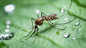 Zanzara Anopheles funestus, vettore della malaria, in primo piano su una foglia verde scuro, con goccioline d'acqua che riflettono la luce. Obiettivo macro 90mm, alta definizione, illuminazione laterale per creare ombre e profondità, mettendo in risalto la texture dell'insetto e l'ambiente naturale.
