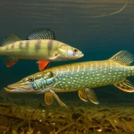 A photorealistic image showing a Northern Pike and a Pikeperch swimming near each other in a clear freshwater river. Telephoto zoom, 200mm, fast shutter speed, movement tracking, natural lighting.