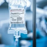 Fotografia macro di una sacca per flebo contenente acido tranexamico, appesa in una sala operatoria moderna durante un intervento di revisione del ginocchio. Illuminazione controllata, alta definizione, obiettivo macro 100mm, focus preciso sul liquido e sull'etichetta parzialmente leggibile.