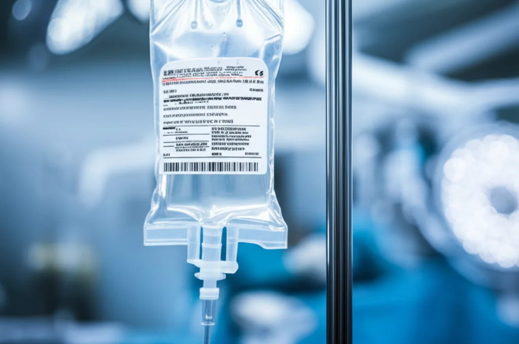 Fotografia macro di una sacca per flebo contenente acido tranexamico, appesa in una sala operatoria moderna durante un intervento di revisione del ginocchio. Illuminazione controllata, alta definizione, obiettivo macro 100mm, focus preciso sul liquido e sull'etichetta parzialmente leggibile.