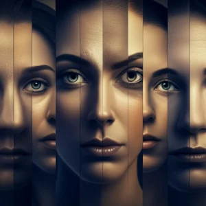 Immagine concettuale che mostra diversi volti stilizzati, alcuni chiari, altri ambigui o frammentati, a simboleggiare la percezione facciale alterata. Uso di un obiettivo prime da 35mm con profondità di campo per mettere a fuoco alcuni volti e sfocarne altri, creando un senso di mistero e complessità percettiva. Palette di colori duotone, seppia e blu scuro, per un effetto intrigante e scientifico.