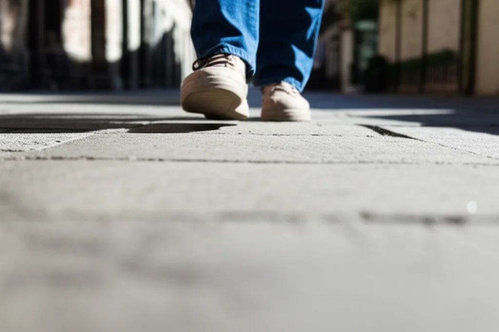 Immagine concettuale fotorealistica: vista soggettiva dei piedi di una persona anziana che cammina su un marciapiede, la parte inferiore dell'immagine è leggermente sfocata o oscurata per rappresentare la perdita del campo visivo inferiore. Obiettivo grandangolare, 24mm, messa a fuoco sui piedi e sul terreno immediatamente davanti, luce diurna naturale.