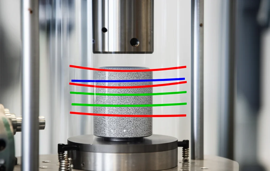 Immagine fotorealistica di un campione cilindrico di arenaria compatta all'interno di una cella triassiale da laboratorio in acciaio lucido. Sovrapposte al campione ci sono linee di forza digitali trasparenti e colorate (rosso, blu, verde) che illustrano diversi percorsi di stress triassiale (compressione isotropa, taglio puro, compressione convenzionale). L'illuminazione è drammatica, focalizzata sul campione, con lo sfondo della macchina di prova leggermente sfocato. Obiettivo prime 35mm, profondità di campo media.