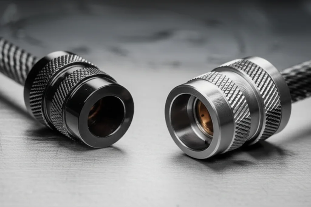 Immagine fotorealistica di un confronto tra un terminale (lug) in CFRP nero lucido e uno in alluminio grigio opaco, posizionati su un banco da laboratorio metallico. Luce da studio laterale che evidenzia le texture dei materiali. Obiettivo prime 35mm, profondità di campo ridotta per mettere a fuoco i dettagli dei lug.