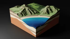 Immagine fotorealistica di un modello geologico 3D complesso di depositi quaternari costieri, creato con un metodo ibrido. Wide-angle lens, 10mm, focus nitido su strati sedimentari dettagliati e strutture di faglia, illuminazione drammatica per evidenziare la tridimensionalità.