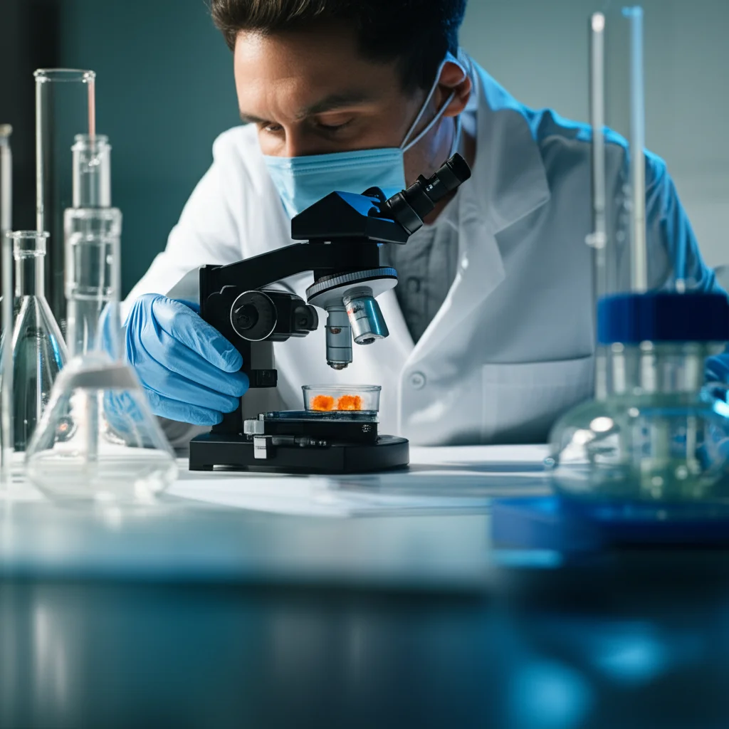 Immagine fotorealistica di uno scienziato che osserva colture organotipiche di fettine di cervello al microscopio da laboratorio, obiettivo primario 35mm, profondità di campo focalizzata sul tavolino del microscopio e sulle fettine, sfondo leggermente sfocato che mostra attrezzatura da laboratorio, toni di colore neutri.