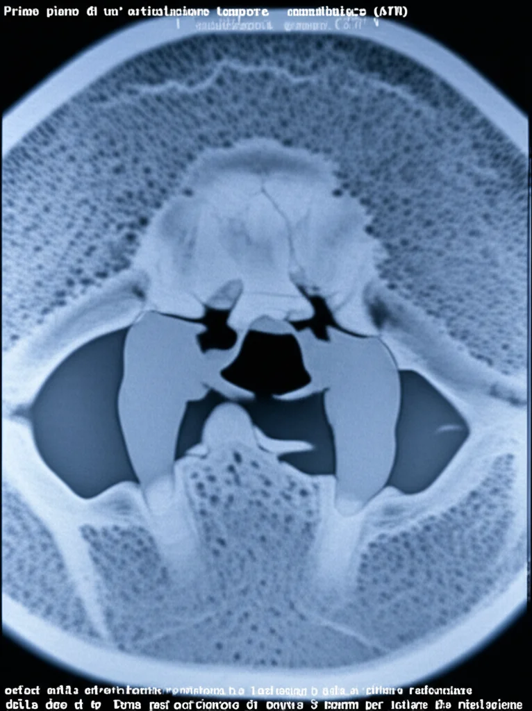 Primo piano di un'articolazione temporo-mandibolare (ATM) visualizzata tramite CBCT, con enfasi sulla precisione diagnostica e la riduzione della dose di radiazioni, obiettivo 35mm, profondità di campo per isolare l'articolazione, illuminazione da studio, toni duotone blu e grigio.