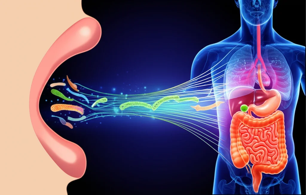 Visual representation of the mouth-gut connection, symbolic image, high detail, controlled lighting