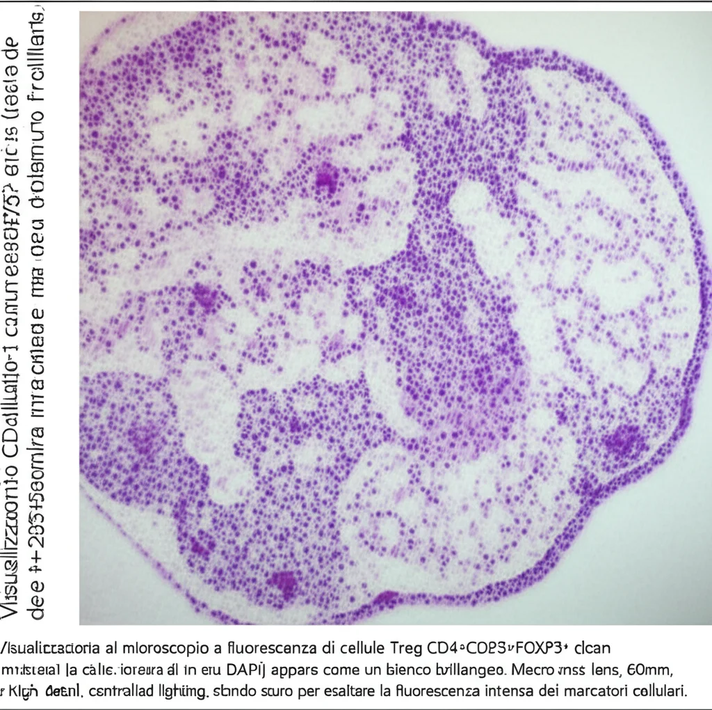Visualizzazione al microscopio a fluorescenza di cellule Treg CD4+CD25+FOXP3+ (con marcatori CD4 in verde, CD25 in rosso, FOXP3 in ciano, e nuclei in blu DAPI; la co-localizzazione dei tre marcatori appare come un bianco brillante) infiltranti un tessuto di carcinoma nasofaringeo. Macro lens, 60mm, high detail, controlled lighting, sfondo scuro per esaltare la fluorescenza intensa dei marcatori cellulari.