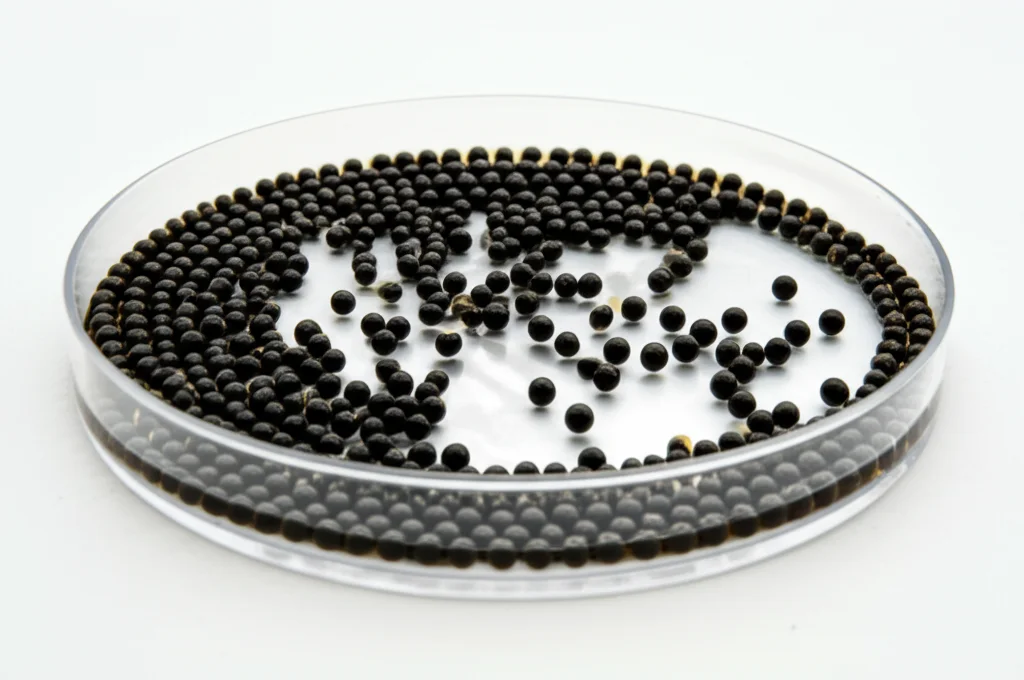Macro fotografia di uova di storione russo di diverse dimensioni, alcune fecondate e altre no, su una piastra di Petri. Obiettivo macro 100mm, alta definizione, illuminazione da studio per evidenziare la traslucenza e i dettagli delle uova, alcune mostrano i primi stadi di sviluppo embrionale.