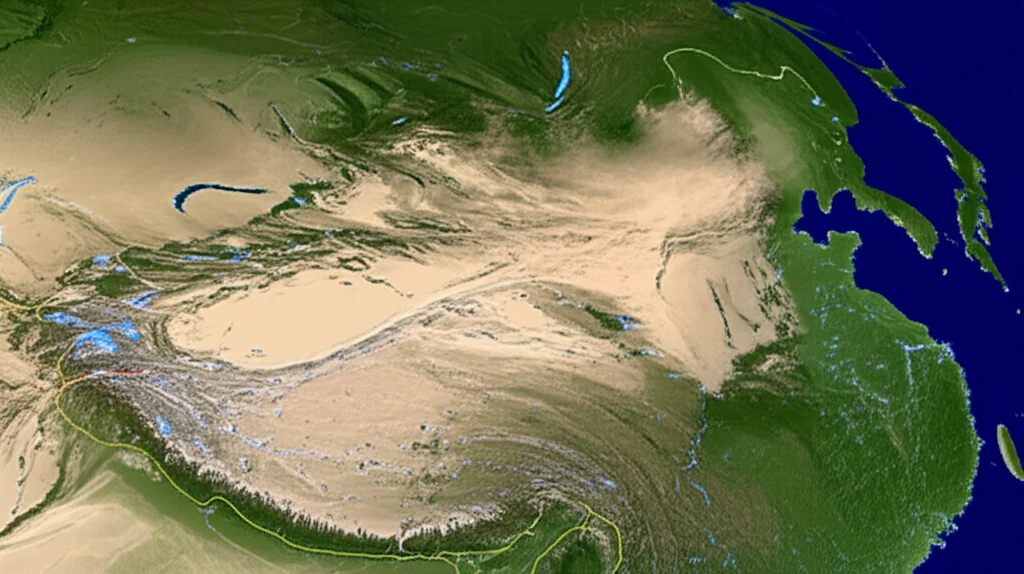 Mappa GIS fotorealistica della Cina, wide-angle 10mm, con evidenziate in rosso brillante le aree hot-spot di incidenza del cancro al polmone per gli uomini (regione centro-meridionale) e in blu le aree cold-spot (regione occidentale). La mappa ha un aspetto tridimensionale con l'ondulazione del terreno visibile, e sovrapposizioni grafiche che indicano la densità delle aree stradali. Sharp focus, illuminazione da studio.
