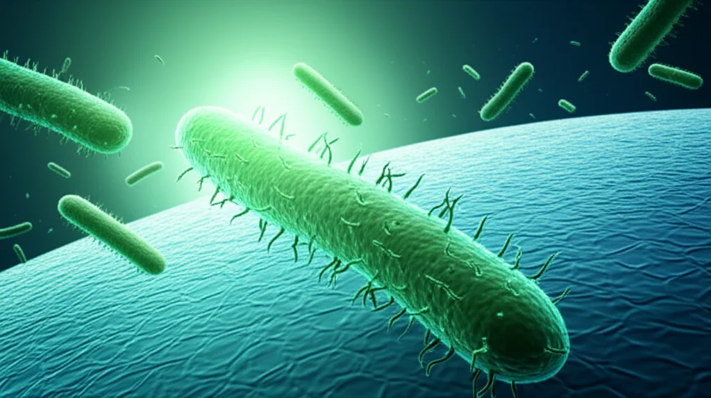 Un'immagine concettuale dell'asse intestino-pelle, con batteri intestinali stilizzati che influenzano cellule cutanee, illuminazione controllata, obiettivo macro 90mm per dettaglio, duotone verde e blu.