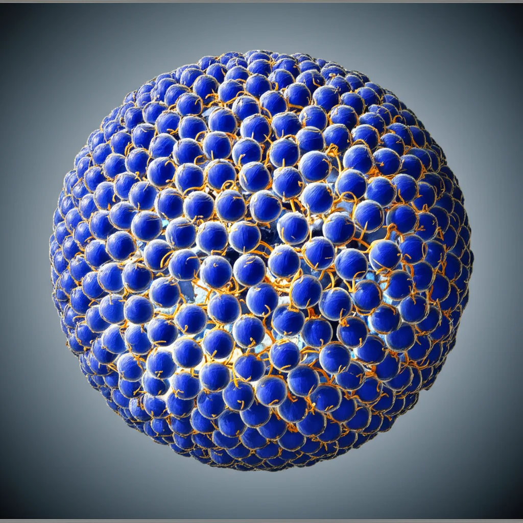 Visualizzazione 3D di micelle di tensioattivi in soluzione acquosa, con le teste idrofile rivolte verso l'esterno e le code idrofobe raggruppate all'interno, alta definizione, illuminazione da studio per enfatizzare la struttura sferica, obiettivo macro 90mm.