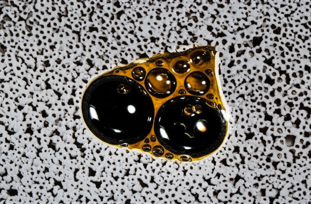 Fotografia macro di goccioline di petrolio intrappolate in una matrice porosa simile a roccia serbatoio, con tensioattivi che agiscono per mobilitare il petrolio, luce laterale per creare contrasto, obiettivo macro 60mm, alta precisione di messa a fuoco.