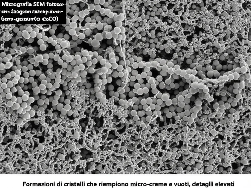 Micrografia SEM fotorealistica di calcestruzzo auto-guarigione, ingrandimento 500x, che mostra una densa matrice cementizia con particelle di gomma incorporata e calcite trasparente (CaCO3) Formazioni di cristalli che riempiono micro-creme e vuoti, dettagli elevati, scala di grigi.