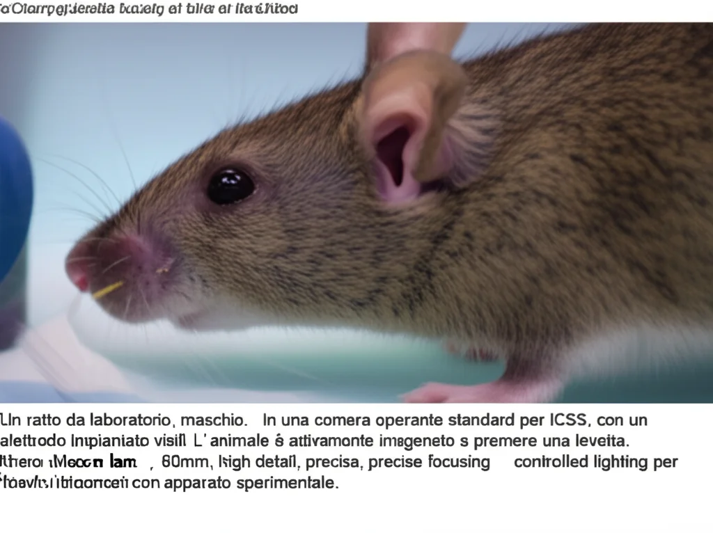 Un ratto da laboratorio, maschio, in una camera operante standard per ICSS, con un elettrodo impiantato visibile. L'animale è attivamente impegnato a premere una levetta. Macro lens, 60mm, high detail, precise focusing, controlled lighting per evidenziare l'interazione con l'apparato sperimentale.